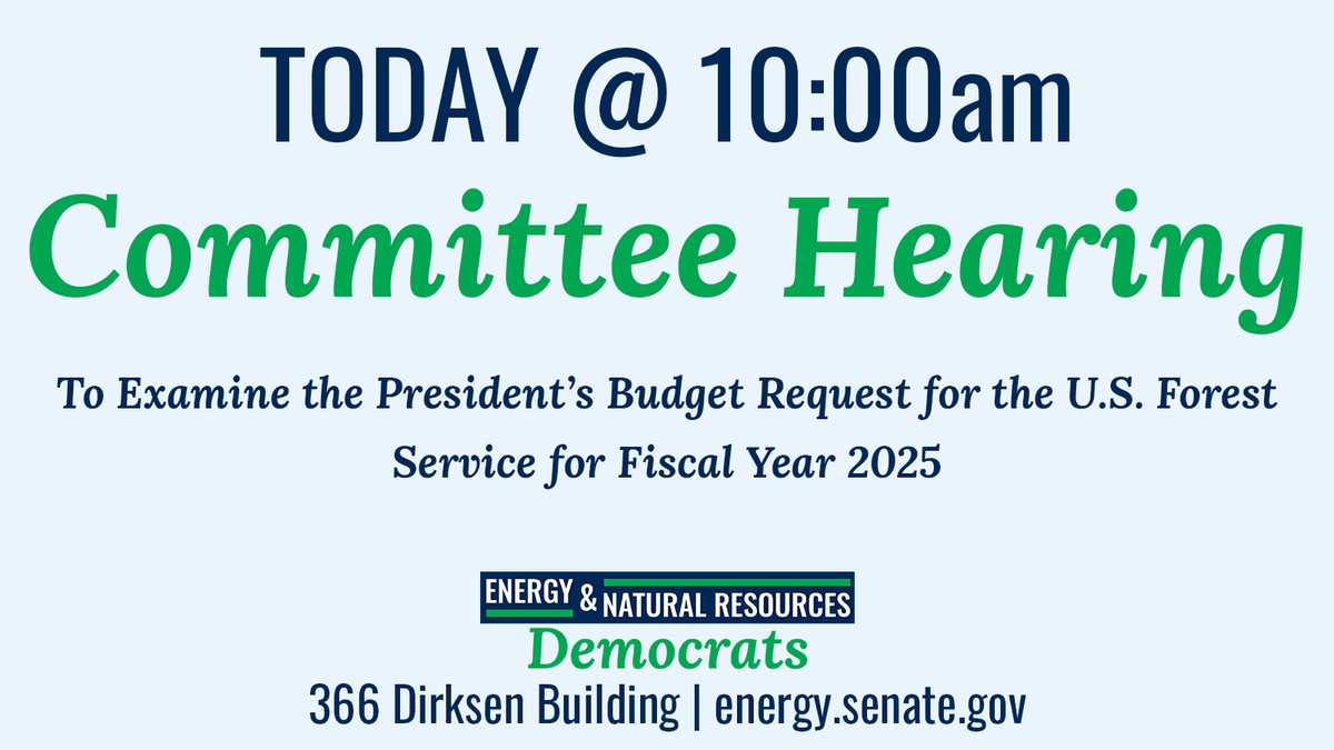 TODAY: At 10:00AM Chairman @Sen_JoeManchin and @EnergyDems will receive testimony from @forestservice Chief Randy Moore regarding the President’s budget request for @forestservice for Fiscal Year 2025. More: energy.senate.gov/hearings/2024/…