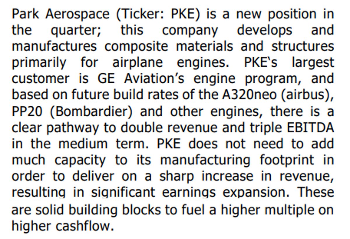Cove Street Capital on Park Aerospace $PKE US

PKE does not need to add much capacity to its manufacturing footprint in order to deliver on a sharp increase in revenue, resulting in significant earnings expansion

(Extract from their Q1 letter)
