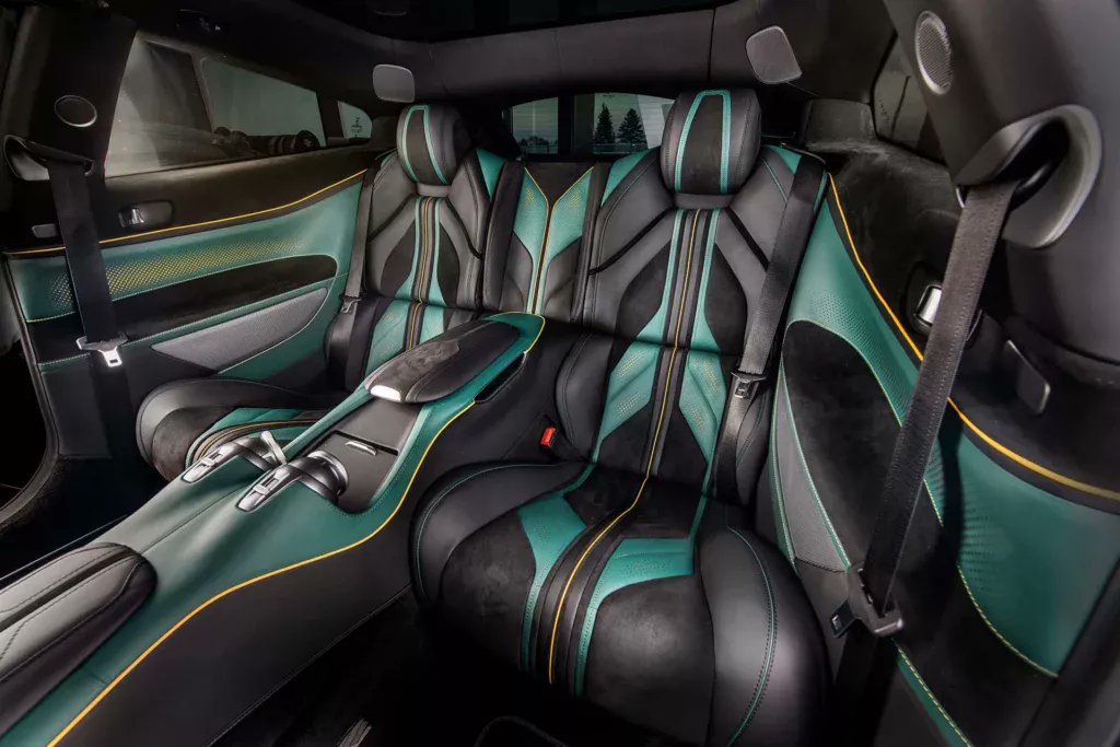 This Ferrari GTC4Lusso Has A $32,000 Custom Interior by Carlex Design. Very little of the car’s interior has been left untouched. Adorning the front and rear seats is plush new black and green leather with yellow piping and black Alcantara centers and headrests.