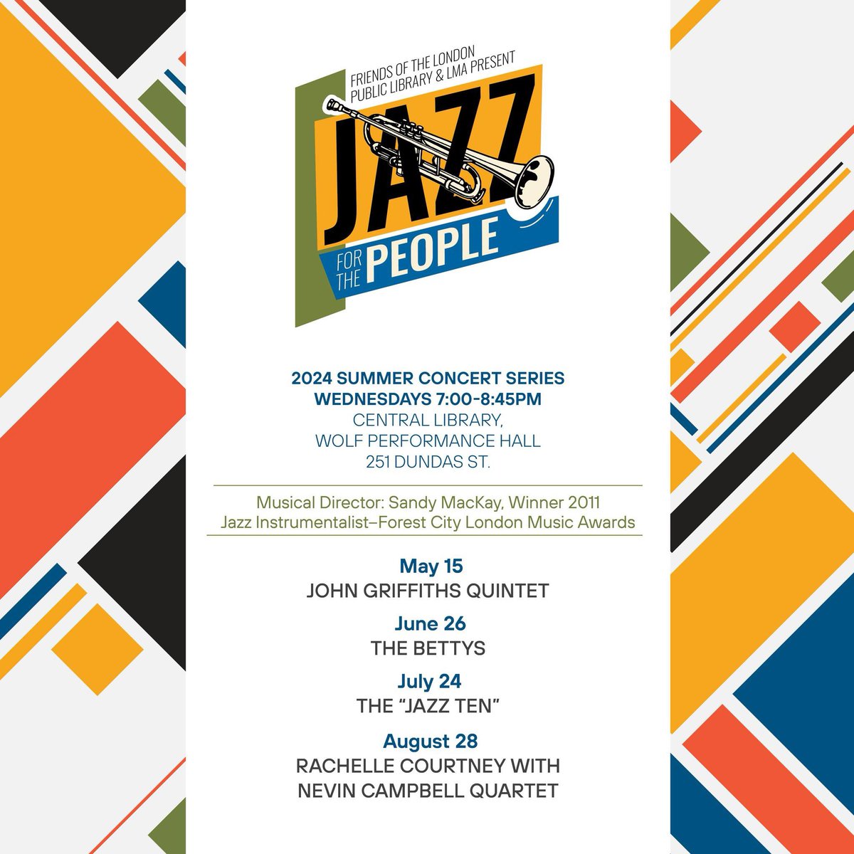🎶Celebrate with some Jazz🎷with the John Griffiths Quintet🎺at The Wolf Hall next to the central library THIS EVENING! of 16th May @ 700pm🎹🎶 For more Jazz events see friendslondonlibrary.ca/jazz-for-the-p…