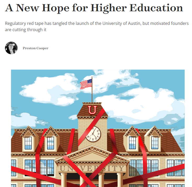 The University of Austin (@uaustinorg) wants to change higher education from the outside, by starting a whole new university. But regulation makes starting a new college insanely difficult, as I explore in a piece for @EducationNext. 🧵