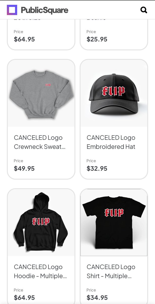 Flip starting selling their shit on PublicSquare, a conservative merch website known for hosting Tucker Carlson's store. Their main branding is their old logo (notably without the iron cross) and are labeling it as 'canceled'

embarassing