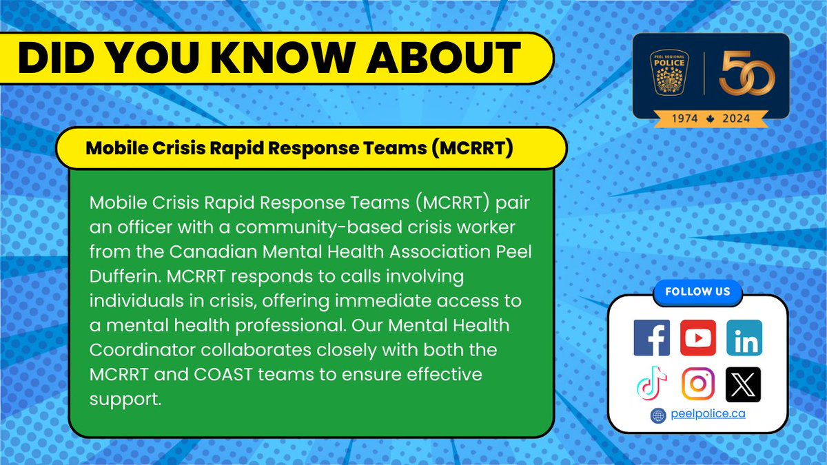 Did you know?@PeelPolice offers community support for individuals in crisis through their Crisis Outreach & Support Team (COAST) and Mobile Crisis Rapid Response Team (MCRRT). Check out the posters below to learn more about these vital programs. #mentalhealthmonth @CMHAPeelDuff