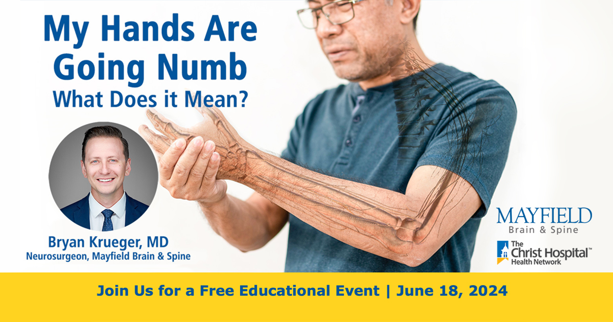 “My hands are going numb. What does it mean?” Dr. Bryan Krueger answers this question and many others in a presentation @ChristHospital Joint & Spine Center, Tuesday, June 18 at 6pm. To register, visit bit.ly/numbhands. #spinecare #spinehealth #neurosurgery
