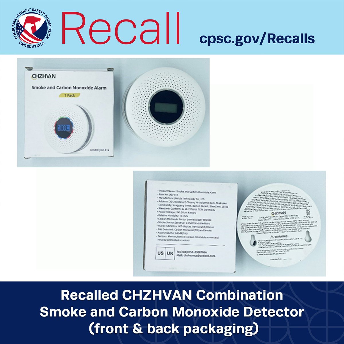 #RECALL: CHZHVAN Combination Smoke and Carbon Monoxide Detectors. The detectors can fail to activate, posing a risk that consumers will not be alerted to a fire. Get refund. CONTACT: l18276710356@163.com. 

Full recall: cpsc.gov/Recalls/2024/C…