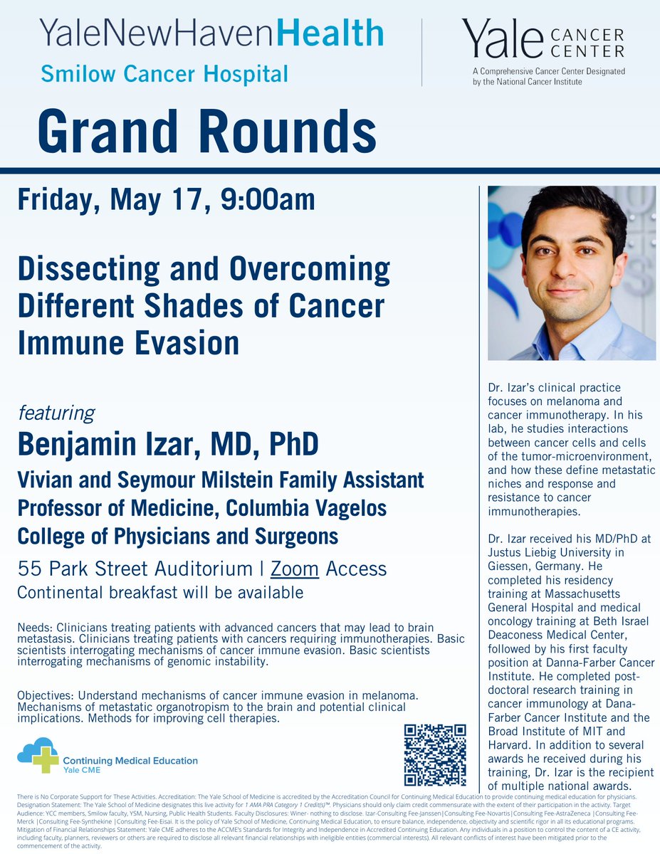 Join us tomorrow at 9am as we welcome Dr. Benjamin Izar @BizarMd to present our #GrandRounds: 'Dissecting and Overcoming Different Shades of #Cancer Immune Evasion.' Attend in-person at Smilow Auditorium or watch via Zoom. bit.ly/4bFZteR @SmilowCancer @YaleMed @YNHH