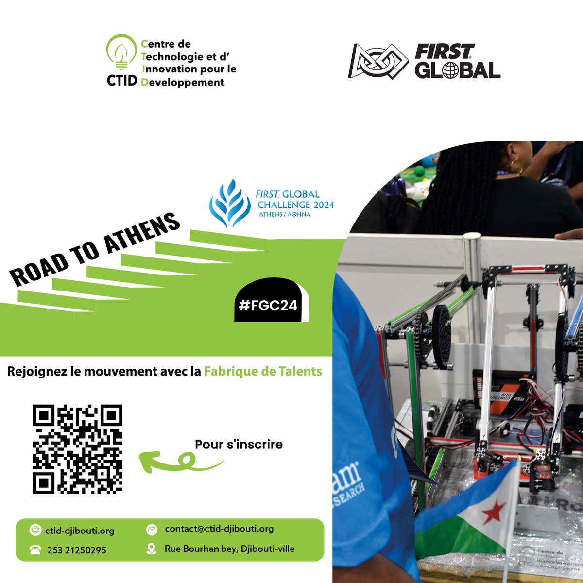 Team253Robotic's tweet photo. [🇩🇯𝗙𝗶𝗿𝘀𝘁 𝗚𝗹𝗼𝗯𝗮𝗹 𝗖𝗵𝗮𝗹𝗹𝗲𝗻𝗴𝗲 𝟮𝟬𝟮𝟰]
📢 Appel à candidatures

📌 Tu veux rejoindre la ᴅᴊɪʙᴏᴜᴛɪ ʀᴏʙᴏᴛɪᴄꜱ ᴛᴇᴀᴍ 🇩🇯? 

👉https://t.co/QBR1gy2CFG

⏳️Deadline 𝟯𝟬/𝟬𝟱/𝟮𝟬𝟮𝟰

#Djibouti #FGC2024 #RoadToAthens #Robotic #Tech253 #LaFabriqueDesTalents https://t.co/Dk0tIziOsC