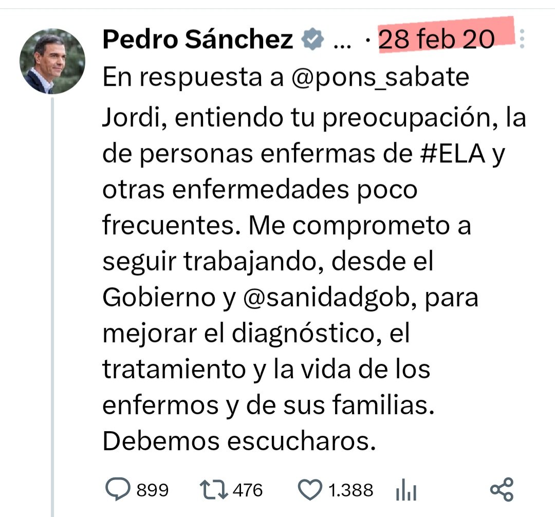 Jordi Sabaté Pons (@pons_sabate) on Twitter photo Hola <a href="/sanchezcastejon/">Pedro Sánchez</a>
Hace más de 4 años te comprometiste públicamente conmigo, que tú y tu gobierno ayudaríais a vivir a los enfermos de ELA.
Te suplico que mañana mismo, pongáis en vigor la #LeyELA con los cuidados enfermeros que necesitamos para no morir. Hola <a href="/sanchezcastejon/">Pedro Sánchez</a>
Hace más de 4 años te comprometiste públicamente conmigo, que tú y tu gobierno ayudaríais a vivir a los enfermos de ELA.
Te suplico que mañana mismo, pongáis en vigor la #LeyELA con los cuidados enfermeros que necesitamos para no morir.