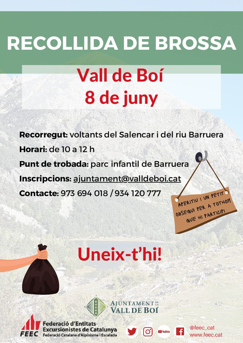 La #FEEC i l'Ajuntament de la @ValldeBoi realitzaran una jornada de neteja a #Barruera el pròxim 8 de juny. Ens hi acompanyes? 🌱 ➕ INFO ➡️tuit.cat/Lx32S #sentlamuntanya #sommunatanya #somnatura