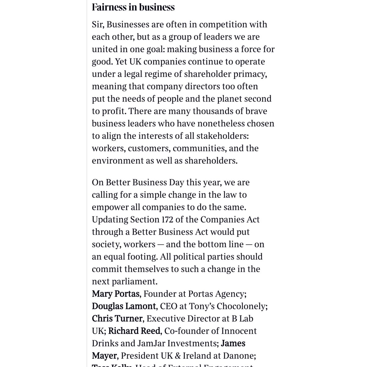 On #BetterBusinessDay I'm pleased to have co-signed this letter and that @TheGreenParty is committed to supporting a #BetterBusinessAct next Parliament so that companies put people and planet before profit to accelerate action to address the climate and nature emergencies.