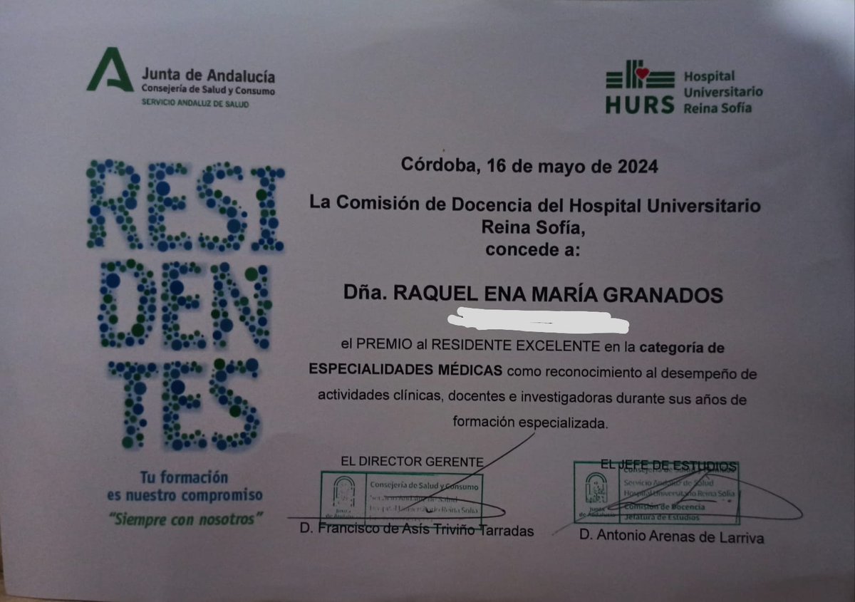 En el día de hoy el <a href="/HUReinaSofia/">Hospital Universitario Reina Sofía</a> ha reconocido la trayectoria de nuestra R4 la Dra. Raquel Granados (@G2Raque) y ha sido galardonada con el premio al Residente Excelente. ¡Enhorabuena! Premio más que merecido.