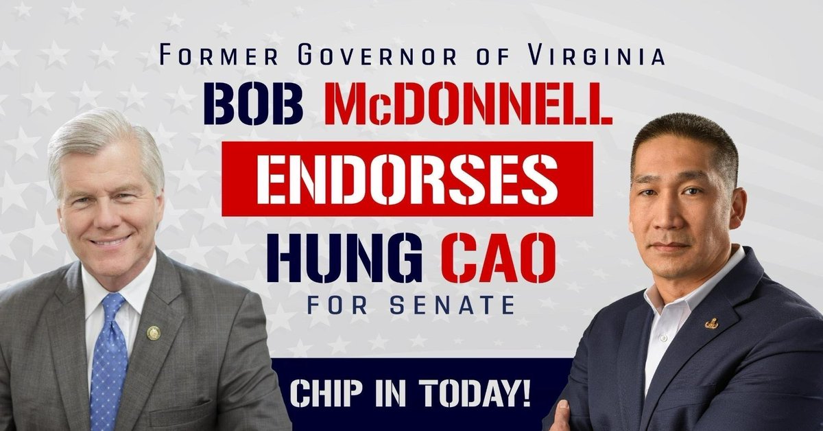 I'm grateful to receive the support of Gov. McDonnell who served VA well for so many years. I look forward to doing the same. Sadly, we are losing the country that Gov. McDonnell and I grew up in. After 25 years in the Navy, I'm running for the U.S Senate because I'm not done