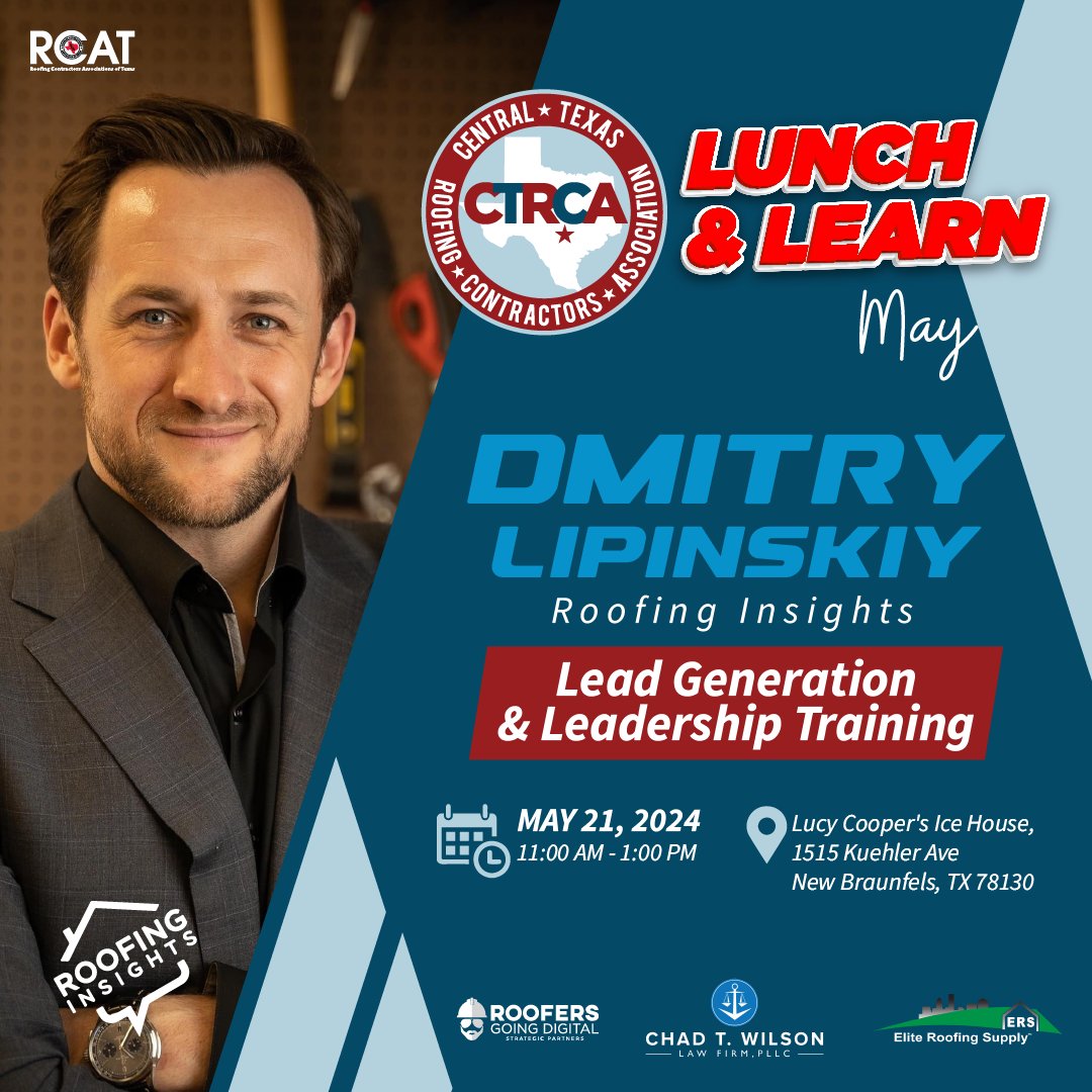 Don't miss your opportunity to join us and Dmitry Lipinskiy for a transformative session on Lead Generation & Leadership Training. 

Secure your place today: hubs.ly/Q02xl47Y0

#ContractorAssociation #RoofingContractors #CommercialRoofing  #ResidentialRoofing