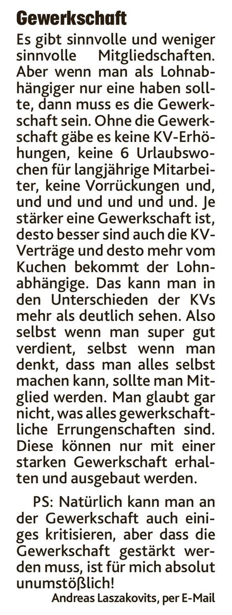 Wer noch nicht Gewerkschaftsmitglied ist, sollte es spätestens nach diesem Leserbrief in der heutigen Kronen Zeitung werden. oegb.at/mitglied-werden