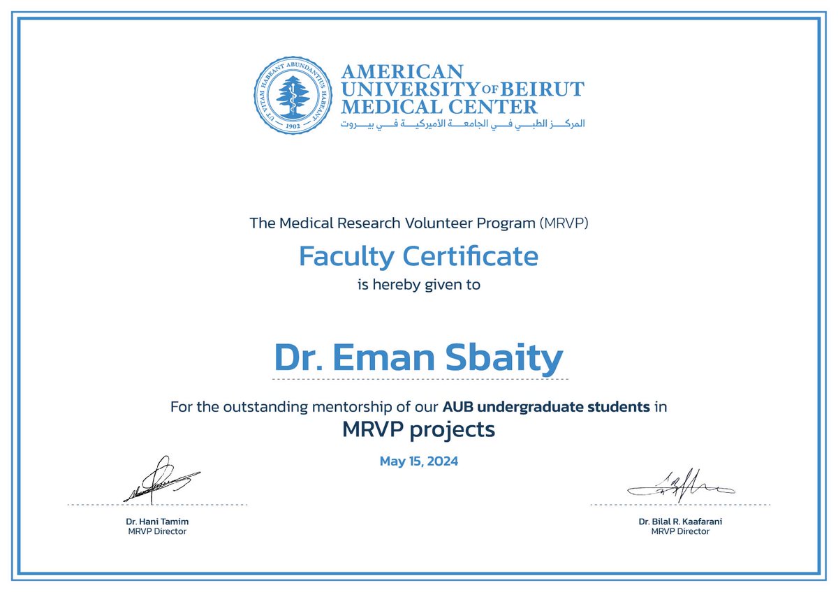 In our latest meeting, the MRVP committee highly praised Dr. Eman Sbaity’s outstanding mentorship of our AUB undergraduate students in MRVP projects in her research group since the establishment of MRVP in 2014. We very much appreciate Dr. Sbaity’s time, commitment, and