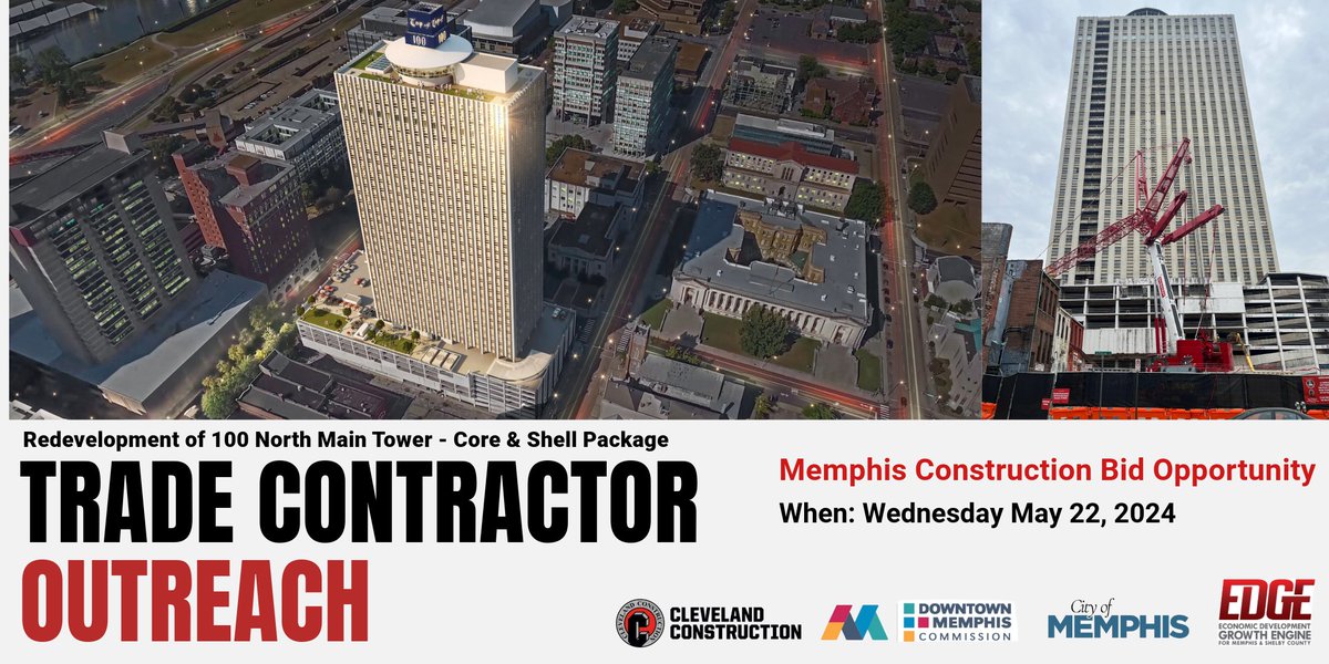 #Memphis Trade Contractors: 
Join us this Wednesday 5/22/24 for a trade contractor #outreach to learn more about the Core & Shell package for the #redevelopment of 100 North Main Tower in @DowntownMemphis.

The event will take place at Springhill Suites Downtown #Memphis between