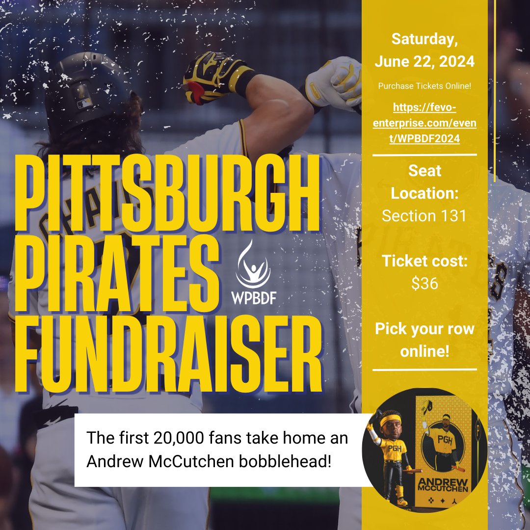 WPABDF's tweet image. WPBDF wants to strike out bleeding disorders at PNC Park as the Pittsburgh Pirates take on the Tampa Bay Rays!

You can help provide education, support groups, and patient assistance to our families and individuals in need!

Get tickets at: fevo-enterprise.com/event/WPBDF2024