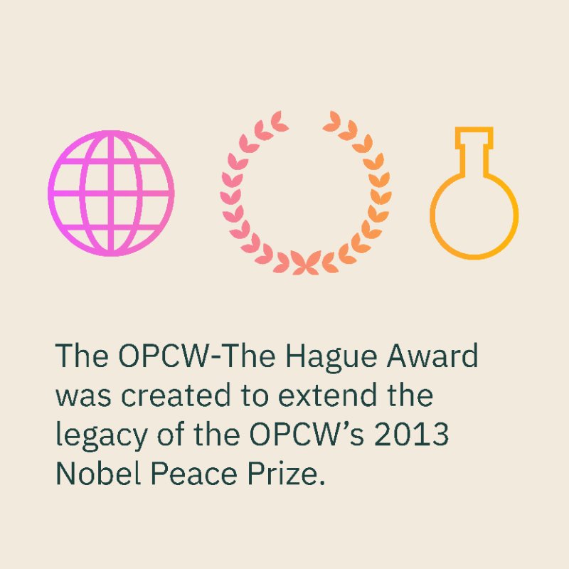 OPCW's tweet photo. ℹ️ The #OPCWTheHagueAward recognises individuals and organisations working towards a world free of chemical weapons, with winners receiving a share of the €90,000 award fund. 

➡️ Swipe to learn more