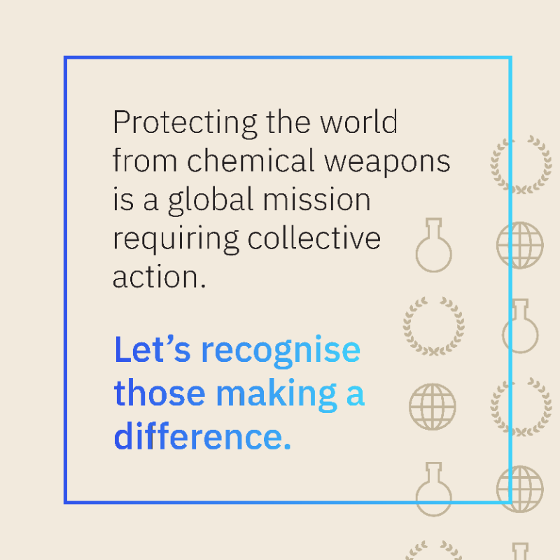 OPCW's tweet photo. ℹ️ The #OPCWTheHagueAward recognises individuals and organisations working towards a world free of chemical weapons, with winners receiving a share of the €90,000 award fund. 

➡️ Swipe to learn more