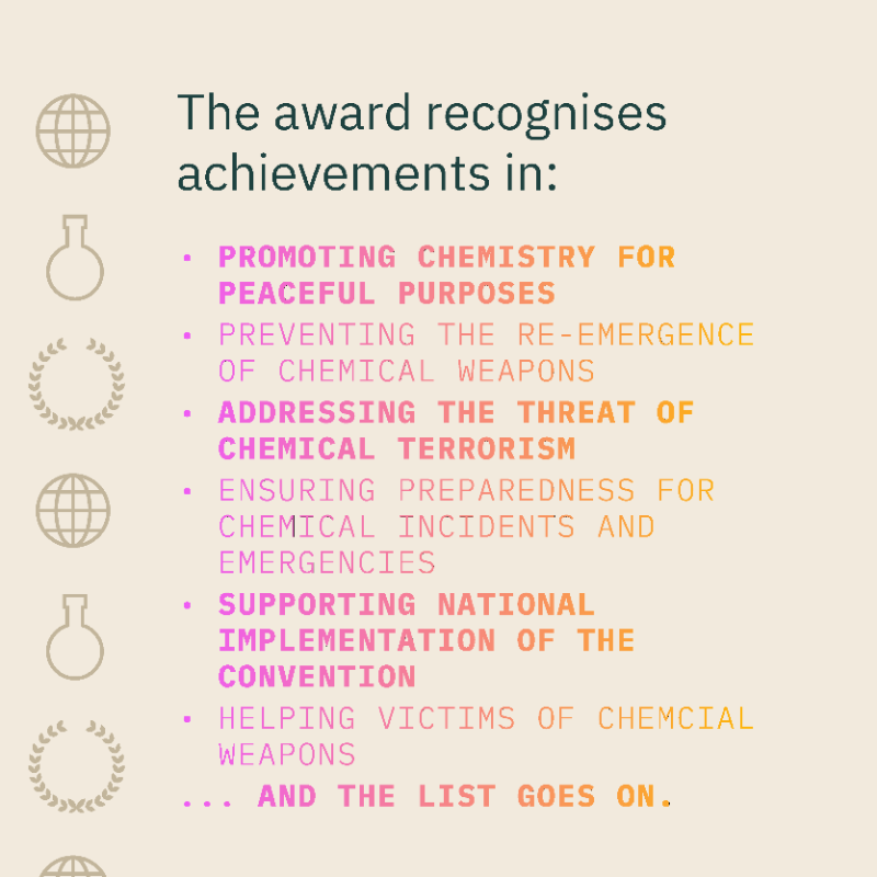 OPCW's tweet photo. ℹ️ The #OPCWTheHagueAward recognises individuals and organisations working towards a world free of chemical weapons, with winners receiving a share of the €90,000 award fund. 

➡️ Swipe to learn more
