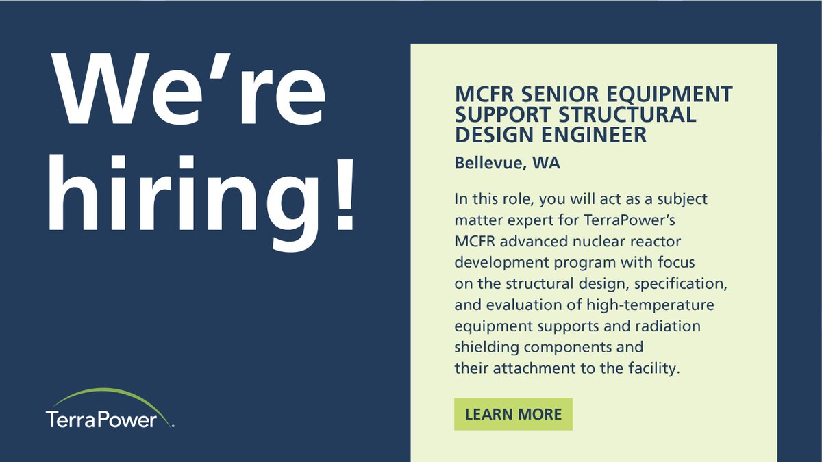 TerraPower is #hiring a MCFR Senior Equipment Support Structural Design Engineer. By joining our MCFR team, you'll innovate and lead by creating cutting-edge solutions for equipment support systems! #EngineeringJobs Apply now: terrapower.com/contact-us/car…