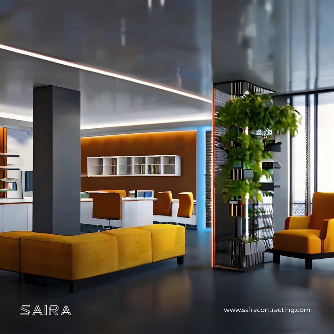 Discover the beauty of our corporate space, featuring comfortable seating and stunning shelving designed by #SairaInterior. Transform your office into a stylish, functional workspace that promotes productivity and creativity.  #sairainteriordesign #bestinteriors #fitout