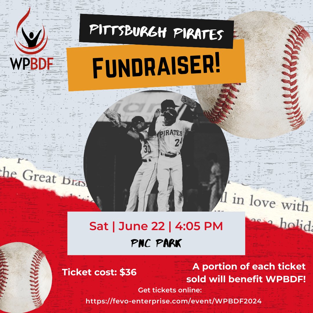 WPABDF's tweet image. Last call for tickets to the Pirates vs. Rays on Saturday, June 22nd! $10 from each ticket will be donated back to WPBDF.

The FINAL day to purchase tickets for this game is tomorrow, Friday, June 14th!

Get tickets at: fevo-enterprise.com/event/WPBDF2024