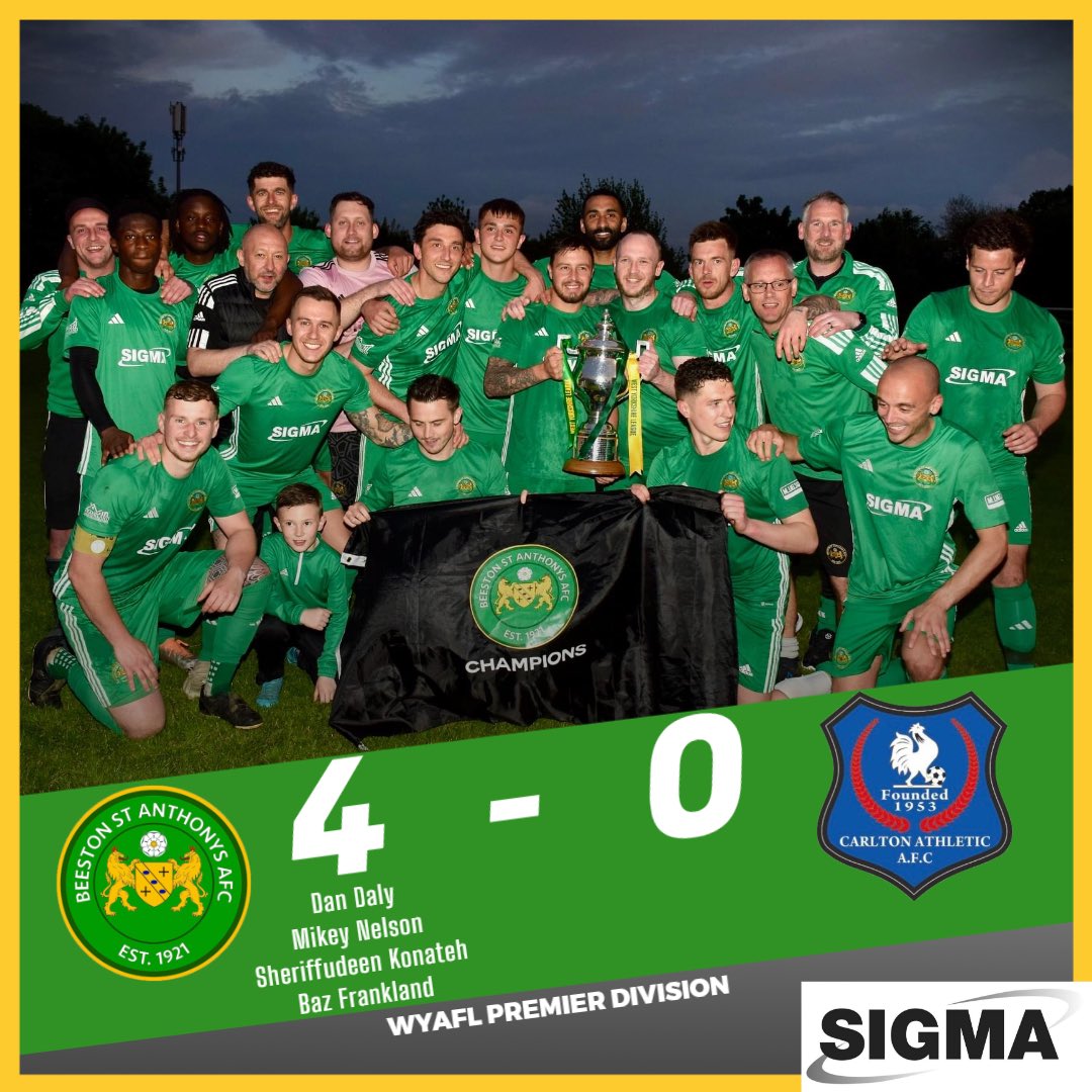 Derby Day Result!

The newly crowned <a href="/WYAFLOfficial/">WYAFL</a> Champions delivered another winning performance in a 4-0 win over local rivals <a href="/CarltonAthletic/">Carlton Athletic ⚽️</a> 

Saints goals came from <a href="/dalybhoy7/">Daniel Daly</a> <a href="/bfrankland1/">Bazzlaa</a> <a href="/Deenkonateh/">Deeno</a> &amp; Nelly!

Cue the celebrations at full time! Well deserved! 🏆

#BSA