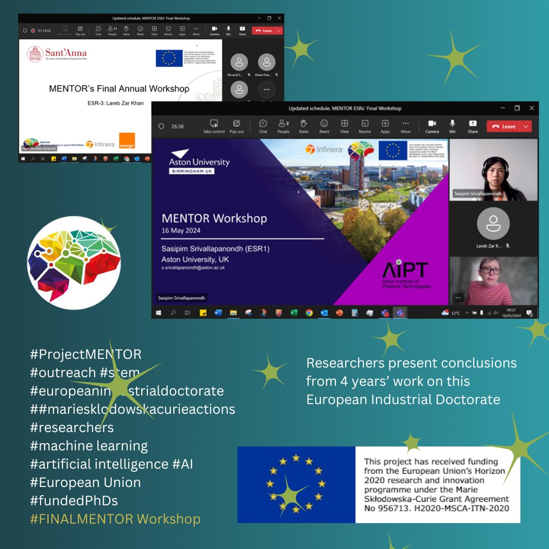 Congratulations to #MENTOR's 6 researchers for their excellent workshop today, updating the consortium with #ML #machinelearning #phd conclusions. Thanks from coordinator @astonphotonics to partners <a href="/Infinera/">Infinera</a> <a href="/TIM_Official/">TIM Official</a> <a href="/Orange_France/">Orange France</a> <a href="/SantAnnaPisa/">SantAnnaPisa</a> <a href="/DarkoZibar14/">Darko Zibar</a> #DTU &amp; <a href="/la_UPC/">Universitat Politècnica de Catalunya (UPC)</a>