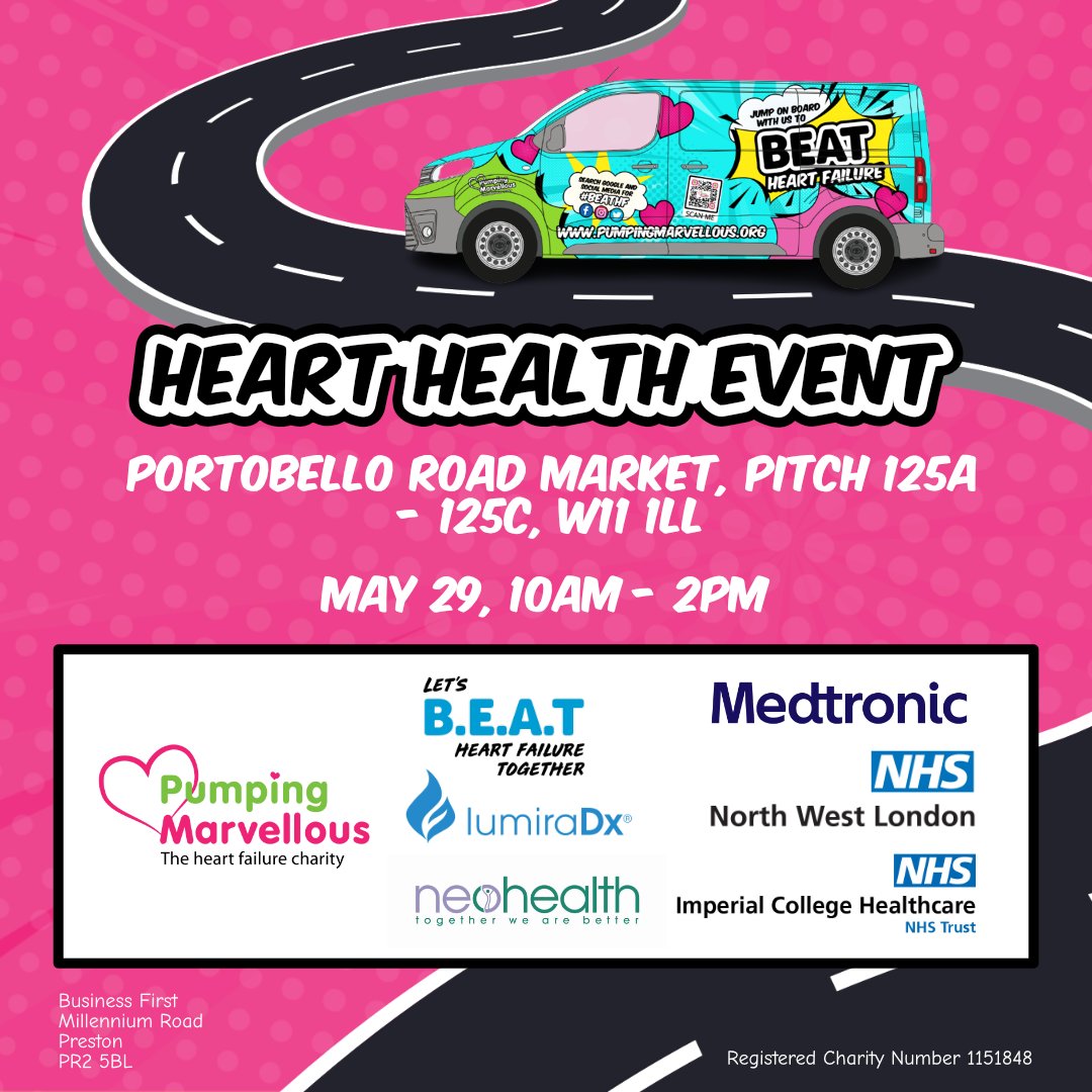 Our next Heart Health Event will be at the Portobello Road Market on May 29th from 10am - 2pm.   

Come and see us if you are worried about any symptoms, especially if you experience breathlessness, exhaustion, and ankle swelling.  

Let's #BeatHF together! ❤️   

#HeartFailure