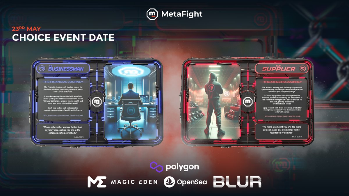 Choice Event Date🥊 On May 23rd, you're making your pick - red or blue. 🔴🔵 As mentioned earlier, each card grants access to different rewards. The claim will be available until 6th June, and after that you won't be able to secure your businessman or supplier cards anymore.
