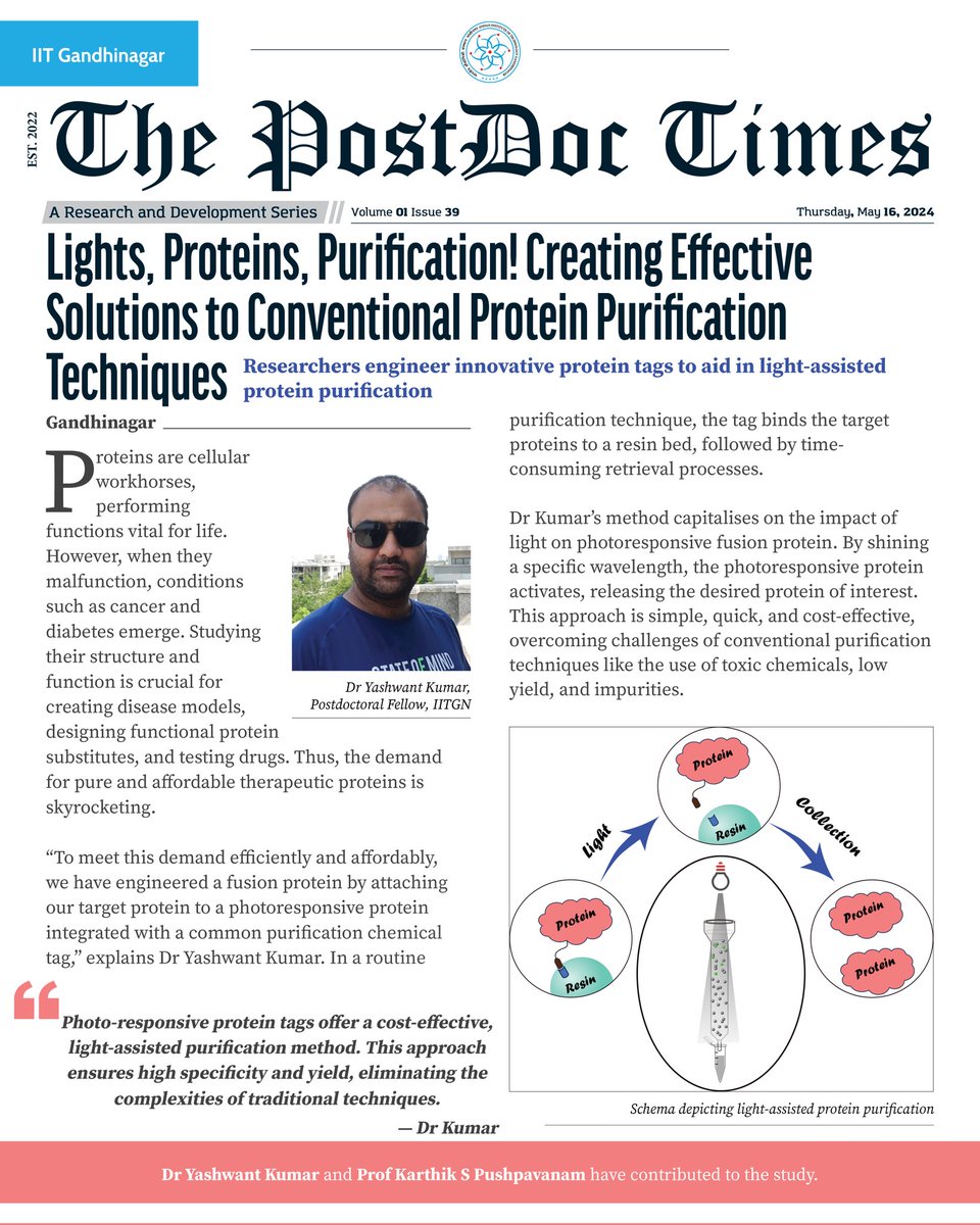 How could light power a #MolecularBiology technique? Dr Yashwant Kumar, a Postdoctoral Fellow and Prof Karthik S Pushpavanam from IITGN’s SParK Research Group have designed photo-responsive #protein tags that facilitate light-assisted protein purification! These tags activate