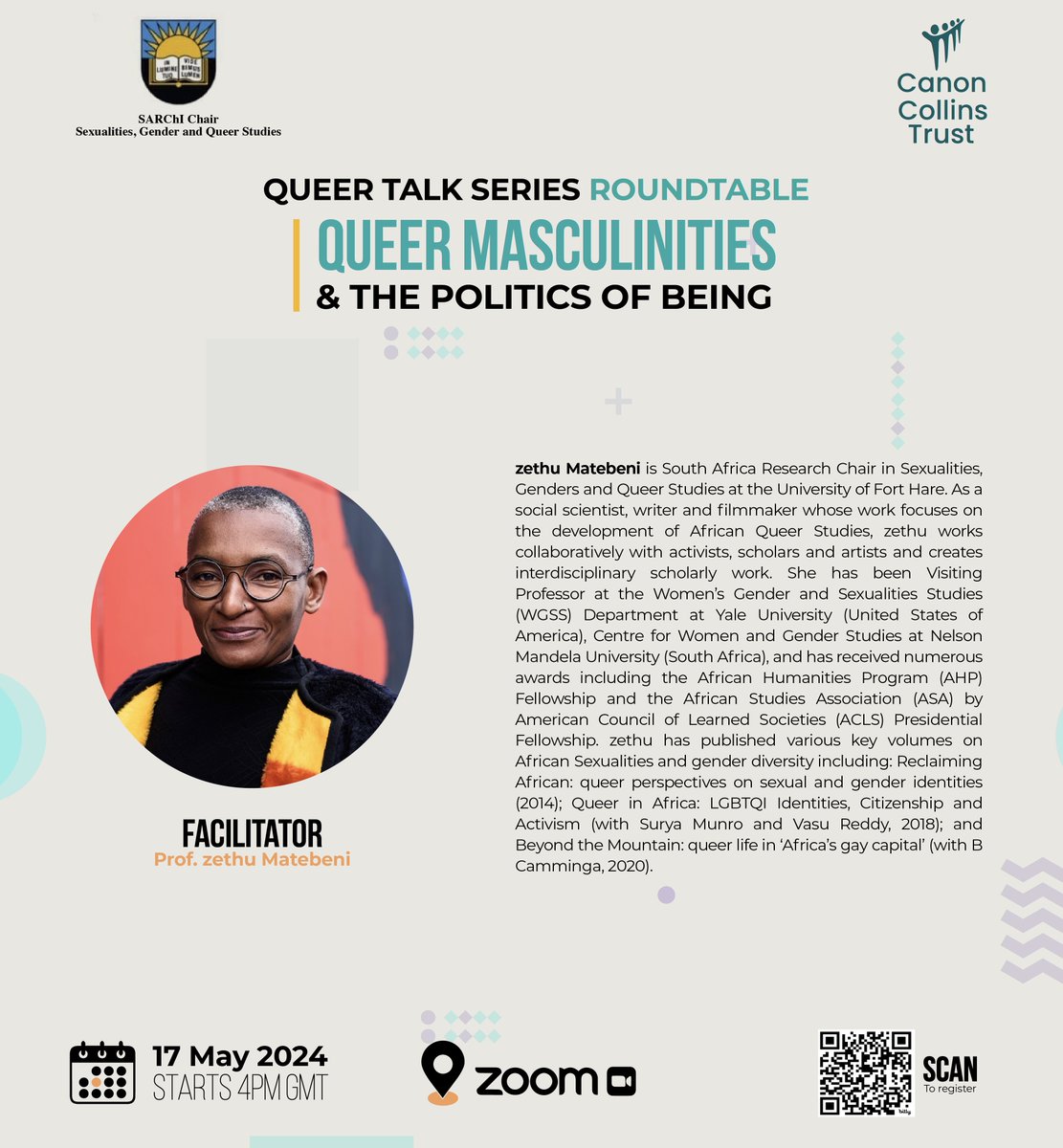 Meet Prof zethu Matebeni, the South Africa Research Chair in Sexualities, Genders and Queer Studies at the University of Fort Hare. Prof zethu will facilitate the 'Queer Masculinities and The Politics of Being' event happening on May 17th!
