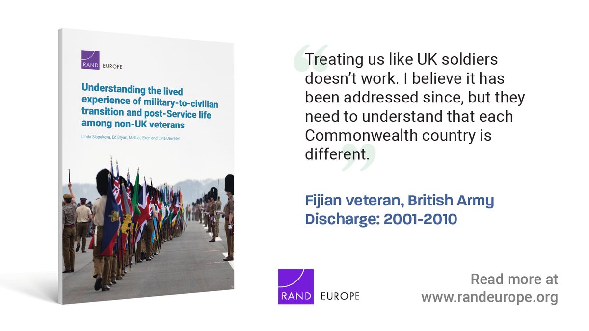 Amongst #veterans, there are common challenges as well as those encountered by specific groups. Our study for @veteransgovuk indicated that many veterans recruited from outside the UK feel their needs are poorly understood by society. Find out more: rand.org/pubs/research_…