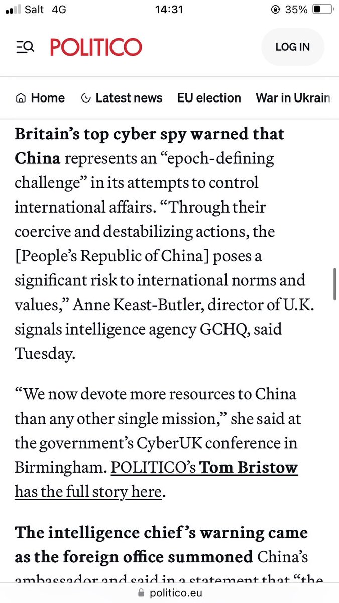 GCHQ Director says that #China poses a “significant risk to international norms and values” Hey @RishiSunak, have you seen this? Maybe it’s time to stop using your favourite phrase “epoch defining challenge” politico.eu/newsletter/chi…