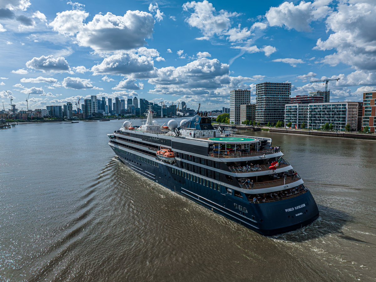 World Navigator @atlascruises makes her way along the Thames on route to Moore alongside HMS Belfast #WorldNavigator #AtlasOceanVoyages #CruiseShip #HMSBelfast #ShipsInPics #CruiseLiner #RiverThames @TowerBridge #ThamesBarrier #London #Gravesend #Drone #FRZ