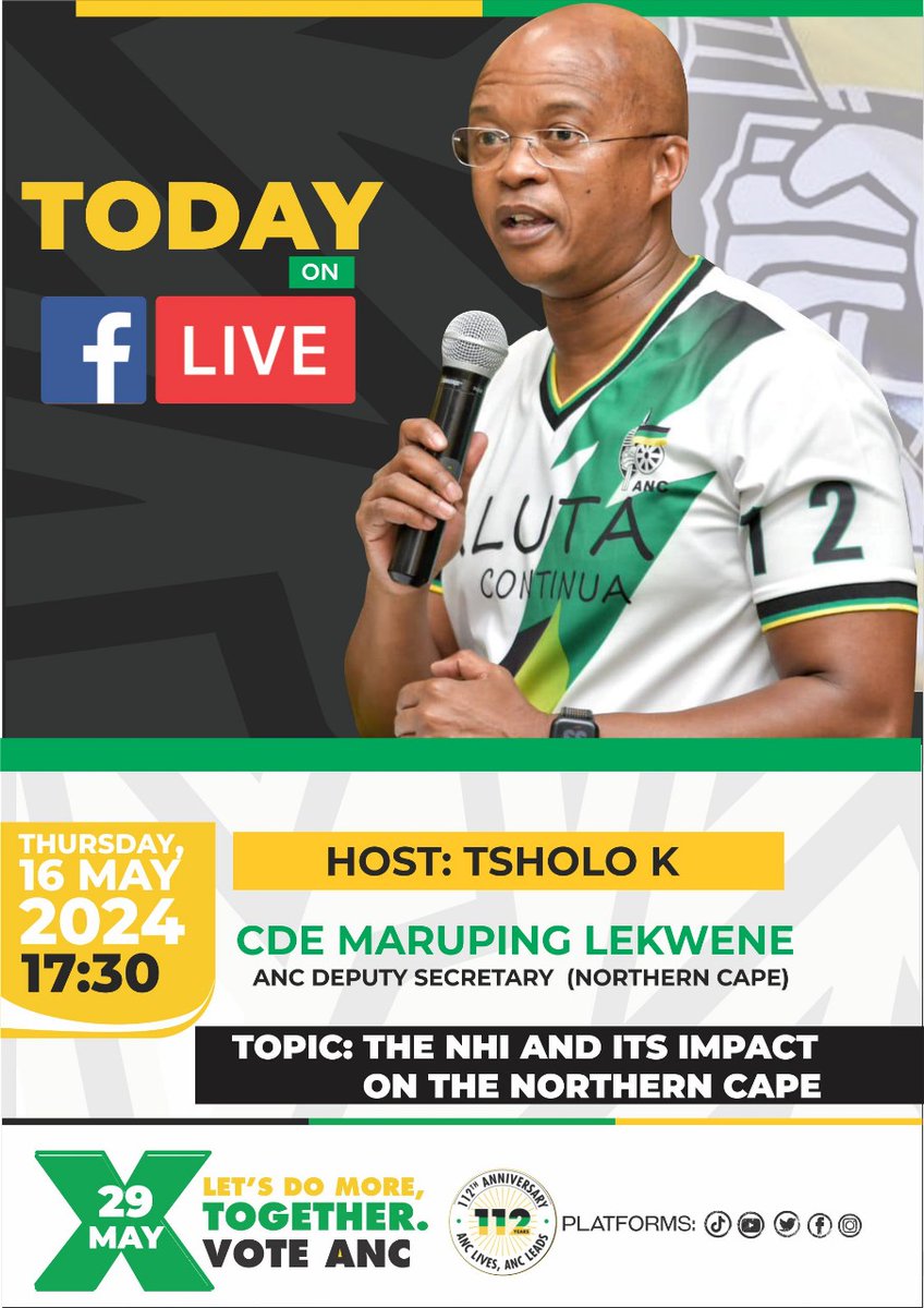 Tune in at 17:30 as Deputy Secretary of the ANC in the Northern Cape unpacks everything you need to know about the National Health Insurance and how this impacts the lives of the people of the Northern Cape. #LetsDoMoreTogether #NorthernCape #voteANC 🖤💚💛