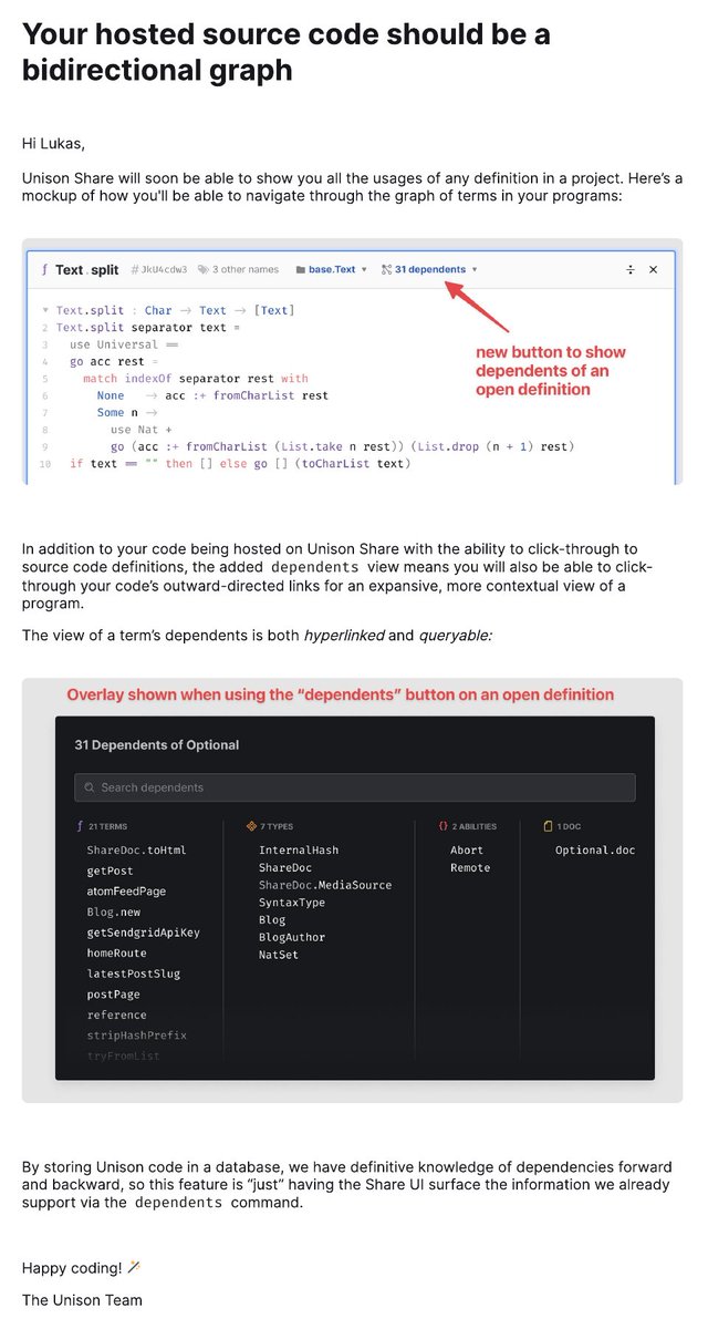 mechadense's tweet image. 🤩🤩 proglang news:
@unisonweb just announced (mail) that their  dependents functionality (i.e. &quot;Which functions use this function?&quot; - correct by design) will become available from the (open sourced) graphical code browsing interface. 
🧠🚴 Big jump up the 
mind-bicycle score!😇