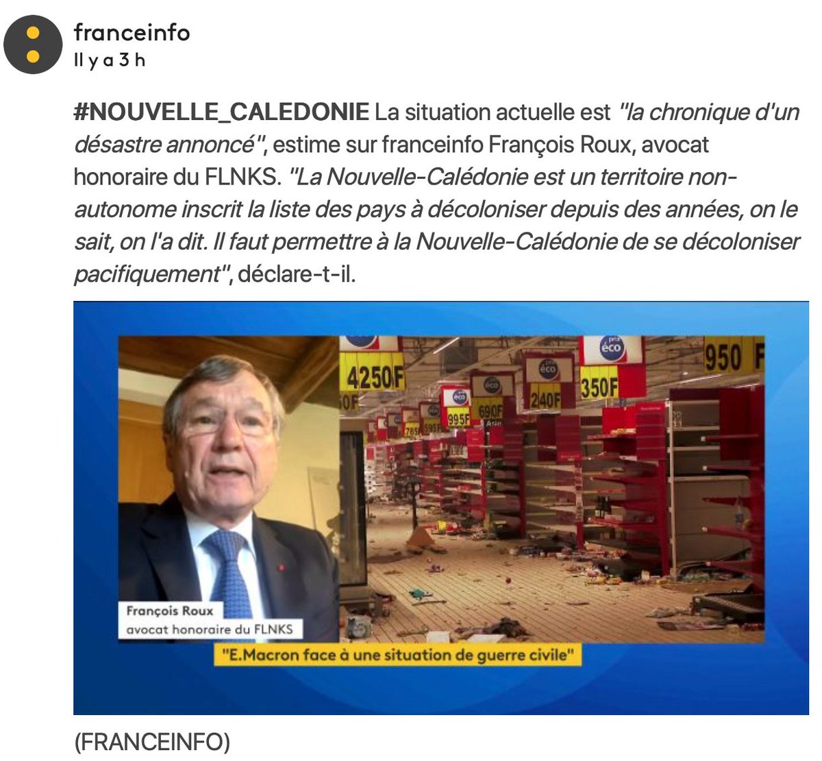 « On ne doit pas traiter cette affaire comme une affaire franco-française. La situation en #NouvelleCalédonie relève du droit international », estime François Roux, avocat honoraire du FLNKS, arguant qu’une médiation « ne peut venir que des Nations unies ». #Kanaky