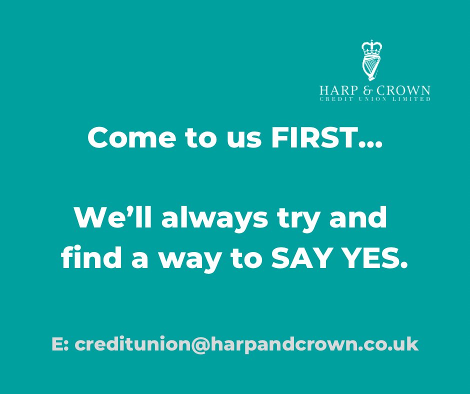 Come to us FIRST…we’ll always try and find a way to SAY YES.

☎️028 9068 5198 (Mon-Fri 9-5)
📧creditunion@harpandcrown.co.uk

#creditunion #PoliceFamily #CreditUnionLoans #debt #DebtConsolidation #emergencyfund 
#peoplehelpingpeople #ForYouNotProfit #MentalHealthAwarenessWeek