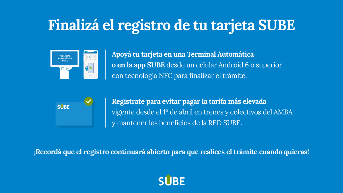 ¡Si registraste tu #SUBE recordá finalizar el trámite! 😉 Apoyá tu tarjeta a una Terminal Automática o en el dorso de tu celular desde la #appSUBE 📲 Al registrarla evitás la tarifa de mayor valor en trenes y colectivos del AMBA, además de mantener los beneficios de RED SUBE 🚍