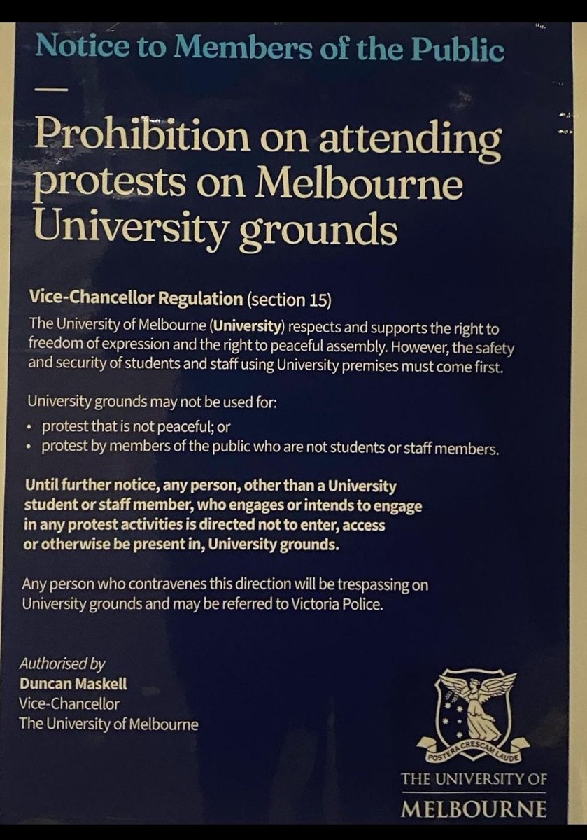 .⁦@UniMelb⁩ seemingly lays groundwork for ⁦@VictoriaPolice⁩ to act, by erecting signs making clear actions of pro-Palestinian mob are allegedly unlawful 

⁦@theage⁩ ⁦@theheraldsun⁩ ⁦@australian⁩ ⁦@3AW693⁩ ⁦@ZionistFedAus⁩