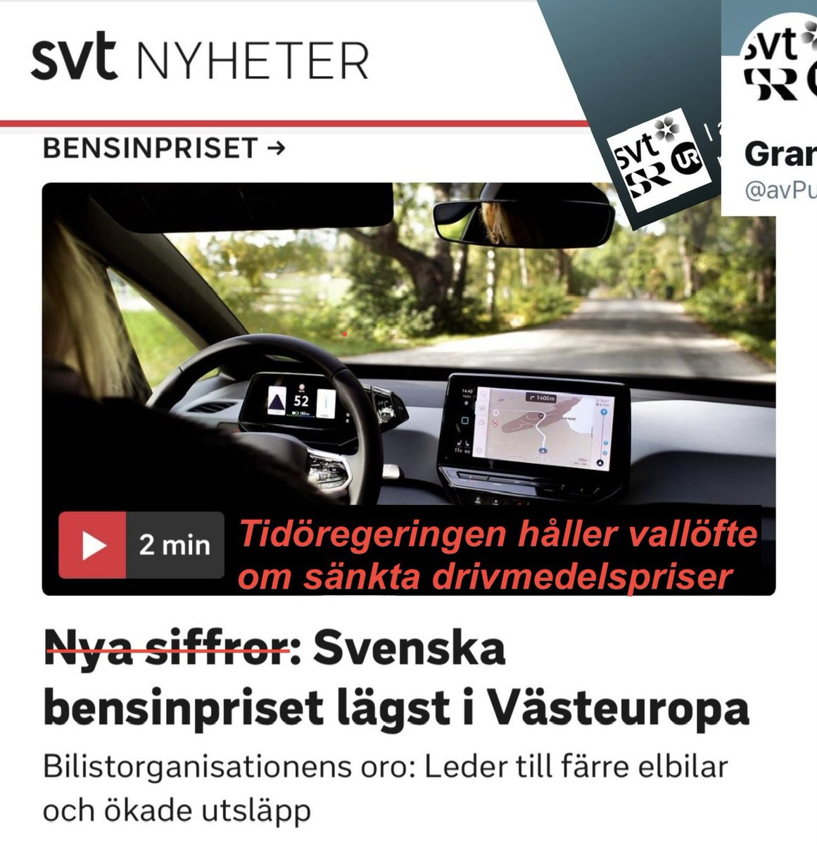 Varsågoda @SVT!

Ni har ju varit pigga på att rapportera om Tidöregeringens uteblivna vallöften.

Så när nu vallöftet om sänkta drivmedelspriser infriats, hjälpte vi er att fixa till rubriken. 

Tack? Ingen orsak! 

@SVTNyheter #journalistik Källor/referenser: 1. Billigast i