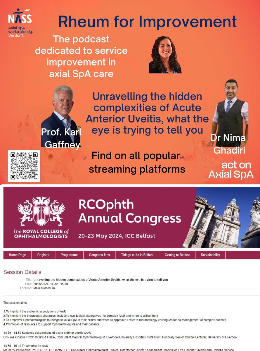 ✨ 1) Rheum for Improvement Podcast 👁 2) Afternoon Anterior Uveitis Session at RCOphth Congress next Monday 2:30pm Thrilled to share this podcast hosted by @LucyD_QI, as Prof @KarlGaffney1 and I discuss acute anterior uveitis 👁️(inflammation in the front of the eye) in the