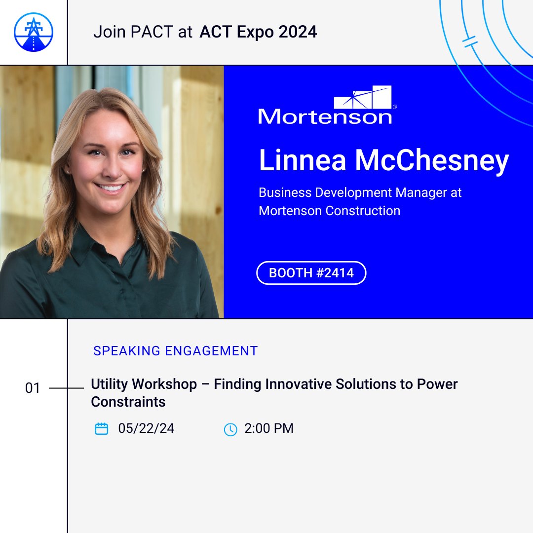 Founding member @MAMortensonCo’s Linnea McChesney will be at #ACTExpo in the session “Utility Workshop – Finding Innovative Solutions to Power Constraints” on 5/22. Don’t miss out!