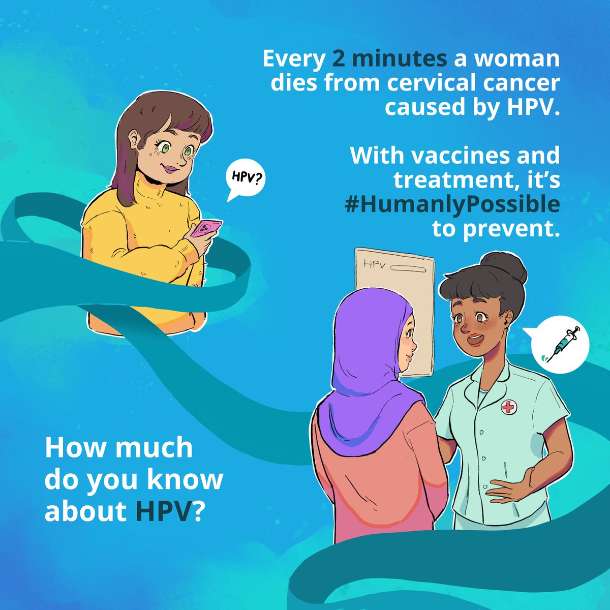 Every 2 minutes, a woman dies from cervical cancer caused by HPV.
Send “HPV” in a private message to @UreportNigeria  messenger, Telegram, and WhatsApp +234 912 091 7615 to learn more about the HPV vaccine in a safe space.
#UReportNigeria
#HumanlyPossible