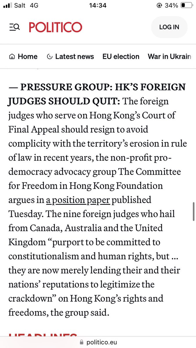 Today’s @politico features our report on foreign judges sitting on the #HongKong courts. Thank you @PhelimKine & @StuartKLau for covering. Read our report: thecfhk.org/post/lending-p…