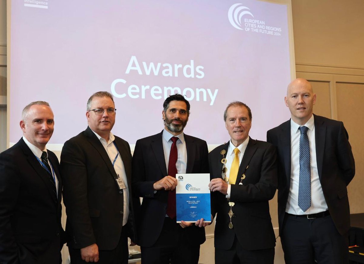 Pictured receiving the fDi European Cities and Regions of the Future 2024 award on behalf of Limerick City and County Council were Donn O Sullivan, (LCCC) Vincent Murray, (Director at LCCC) Jacopa Dettoni, (FDI) Mayor of Limerick City and County Cllr. Ger Mitchell and Gordon Daly