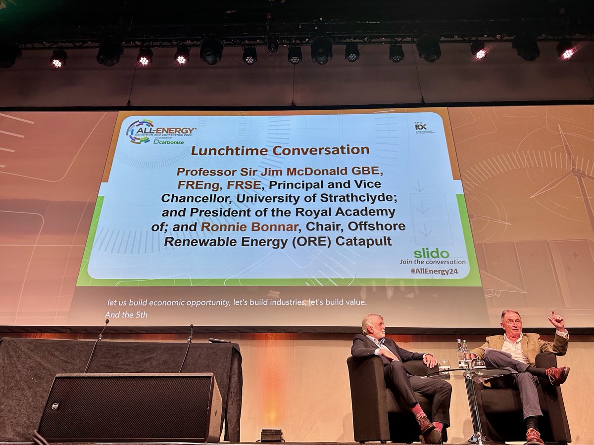 It was a great privilege to be in the company of Professor Sir Jim McDonald, Principal & Vice-Chancellor, @UniStrathclyde, and Ronnie Bonnar, Chair, @ORECatapult, during today's Lunchtime Conversation @AllEnergy. #AllEnergy24 #UniversityofStrathclyde #OREC