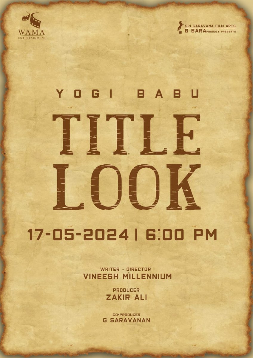 Here WAMA Entertainment & Sri Saravana Film Arts Proudly Presents #YogiBabu's next title look releasing on May 17th 6 PM !!! @iYogiBabu @FilmSaravana @sri_saravana_film_ @sri _saravana _film_production @PRO_Priya @spp_media
